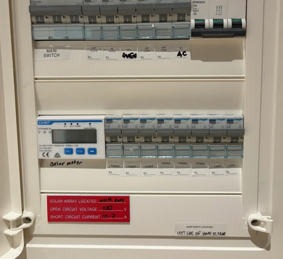 A rebuilt switchboard with safety switches fitted across both rows and every circuit labelled